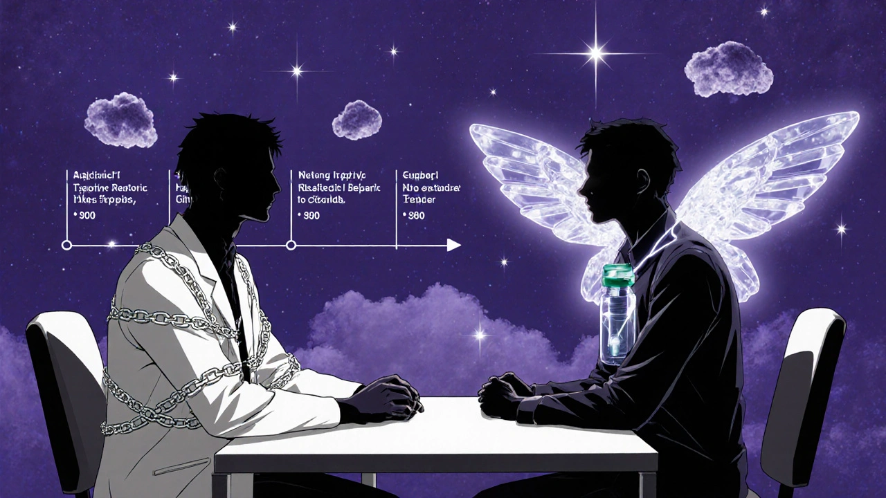 A doctor and patient merging into a transformed figure, representing steroid tapering and biologic therapy replacing immunosuppression.