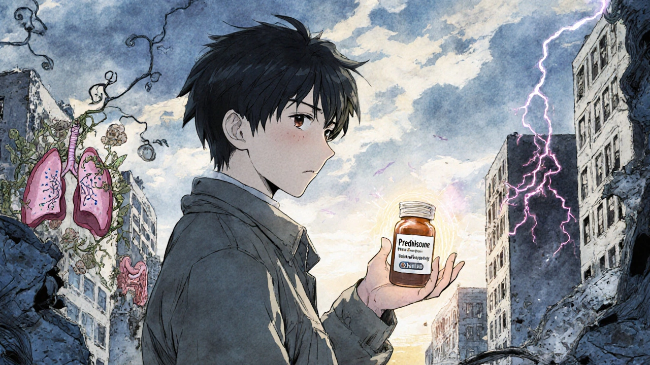 A patient holding prednisone as fungal and viral threats spread around them, with a prophylaxis shield glowing in their hand.