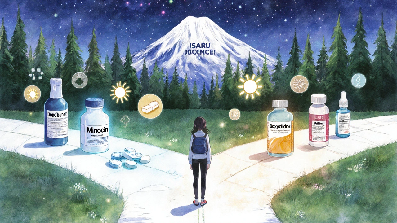 A person at a crossroads of antibiotic and non-antibiotic acne treatments, leading to a distant peak labeled Isotretinoin.