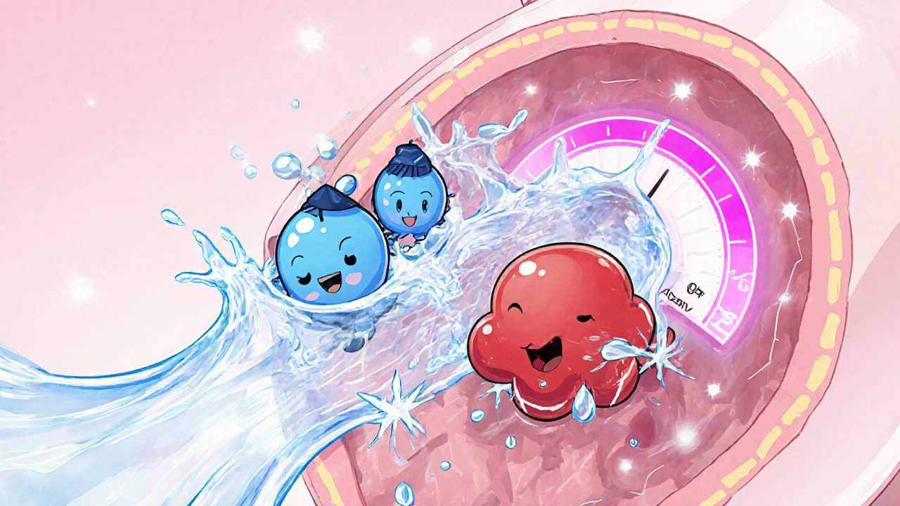 Animated cross-section shows friendly lactobacilli and harmful bacteria after douching.