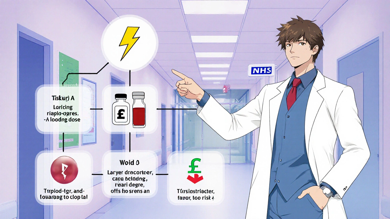 Anime decision tree showing factors for choosing ticlopidine or clopidogrel.