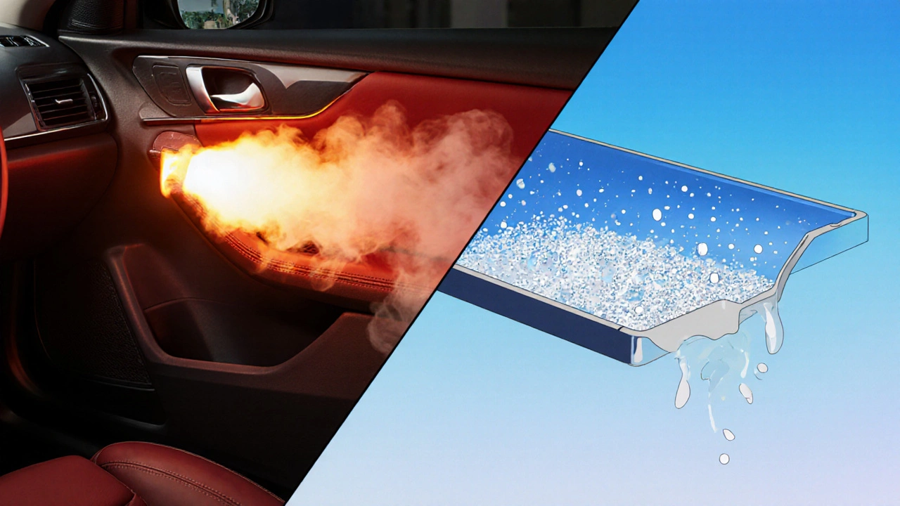 Car interior panel under flame test showing low smoke, beside water wash recovering filler.