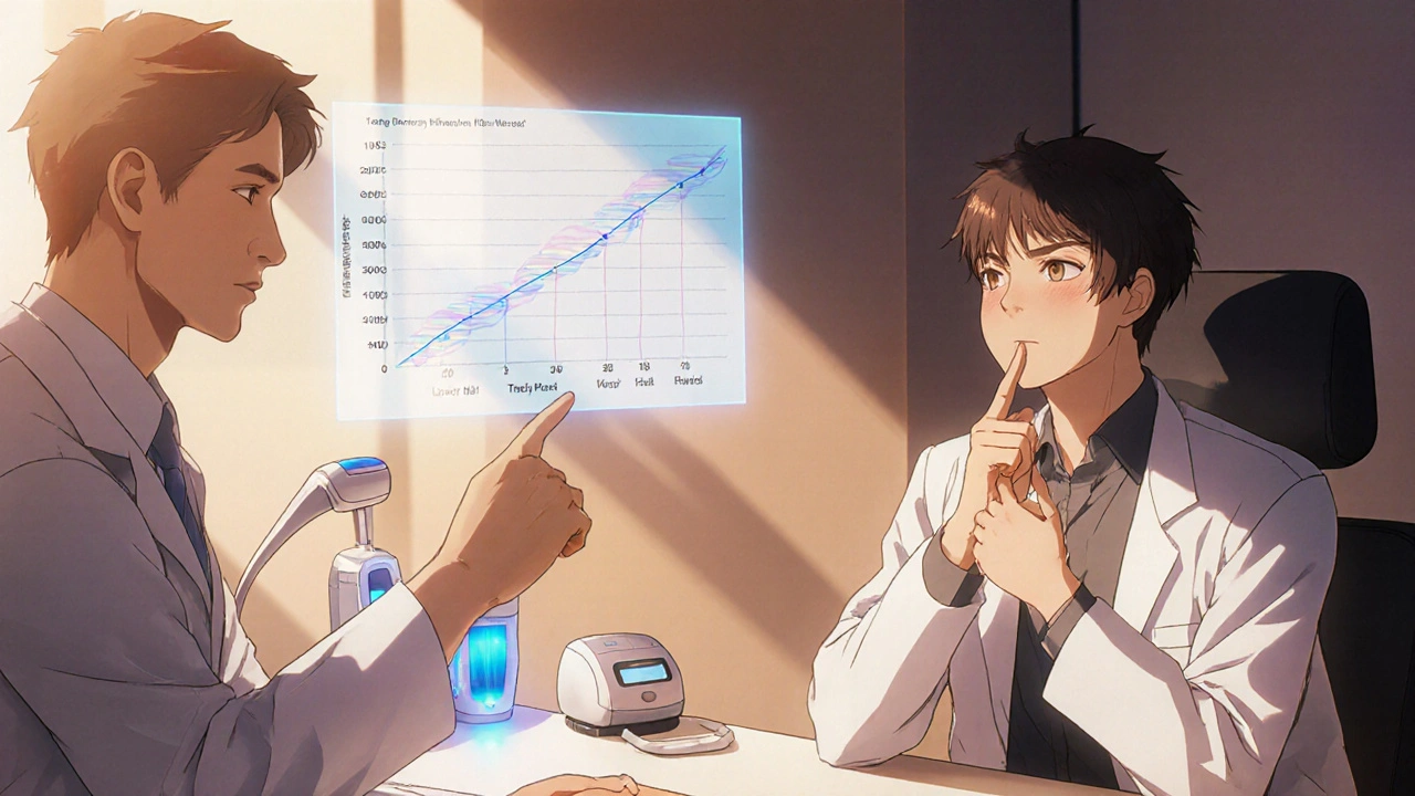 Dermatologist discusses options with patient, showing medication and light therapy.