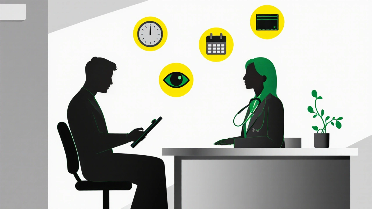 Doctor and patient discussing medication options with icons for onset, duration, cost, and side effects.