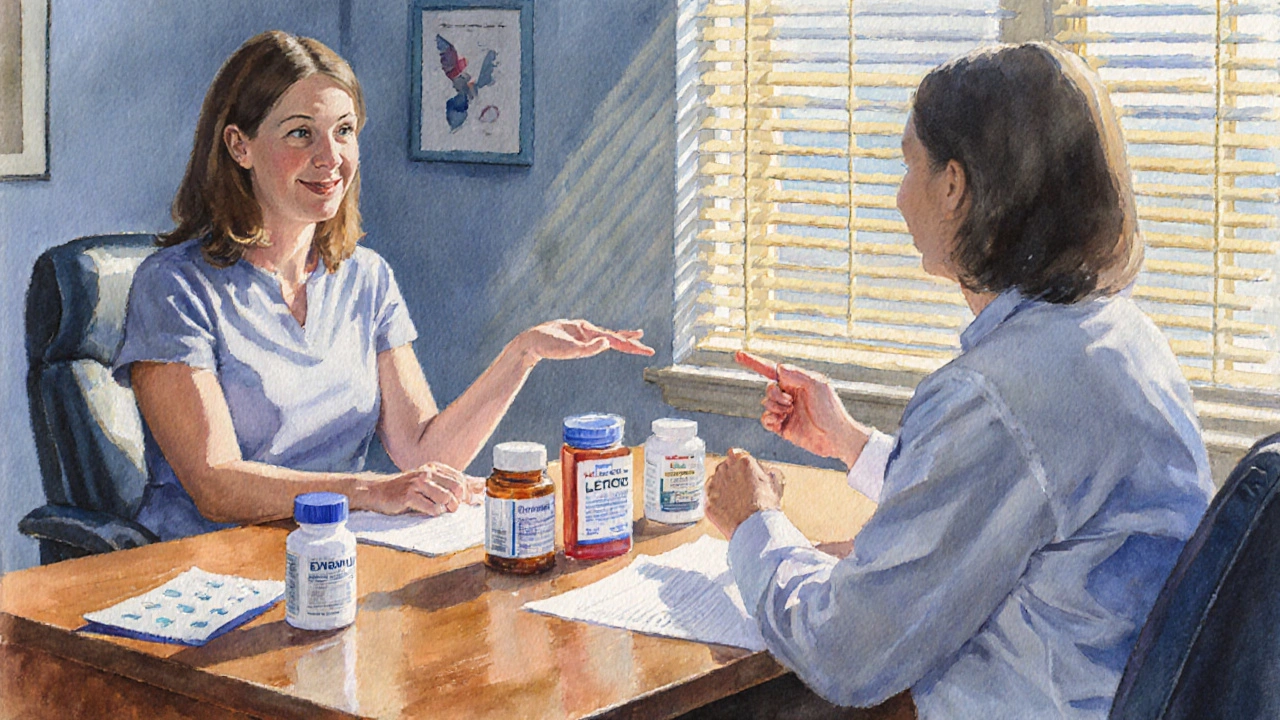 Doctor consulting patient with various hormone therapy bottles on a desk in a sunlit office.
