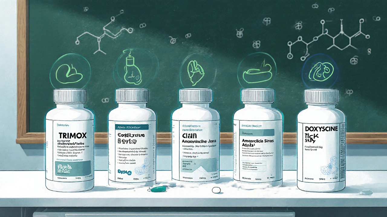 Five pill bottles on a lab bench each surrounded by icons representing their typical infections, in anime style.