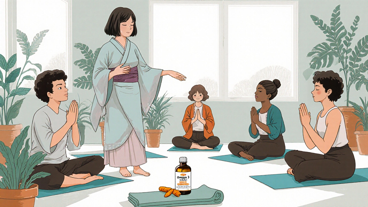 Gentle yoga class for lupus patients, participants with fish oil and turmeric, calm studio atmosphere.