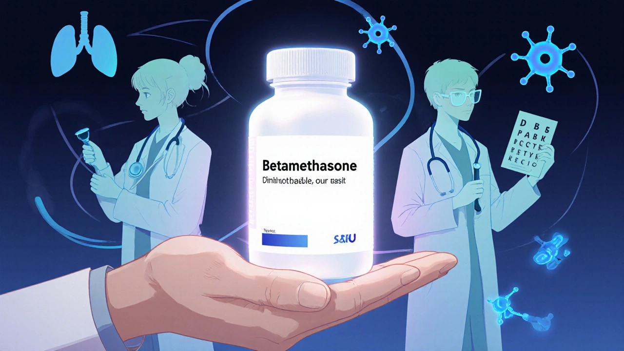 Hand holding Betamethasone bottle with specialists and molecular glow.