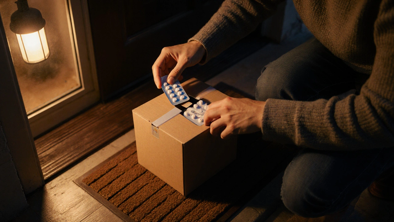 Hands opening a delivery box revealing a sealed blister pack of medication.