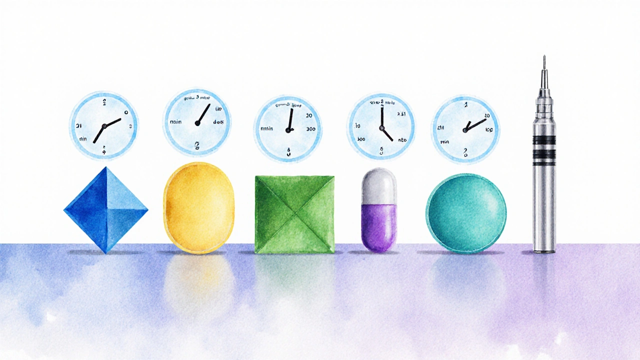 Illustrated lineup of various pill shapes and an injector pen with faint clock icons above each.