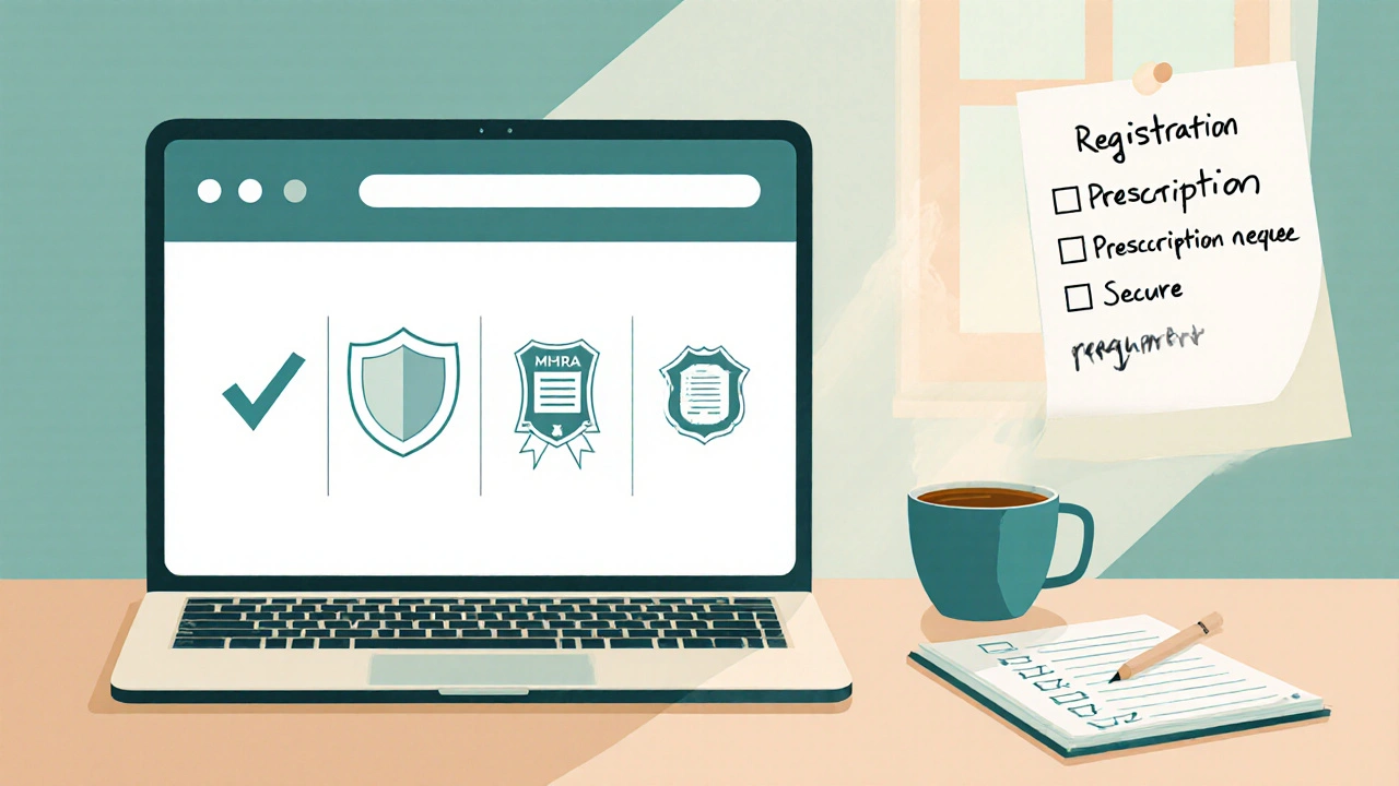 Illustration of a laptop showing pharmacy safety icons and a handwritten checklist.