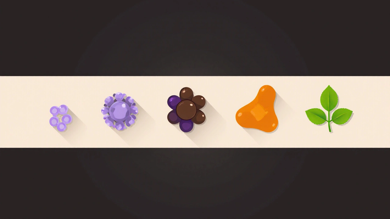 Illustration of five estrogen options shown as scaled molecular icons in pastel colors.