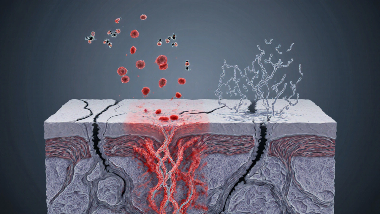 Illustration of skin layers with inflammation breaking down collagen fibers.