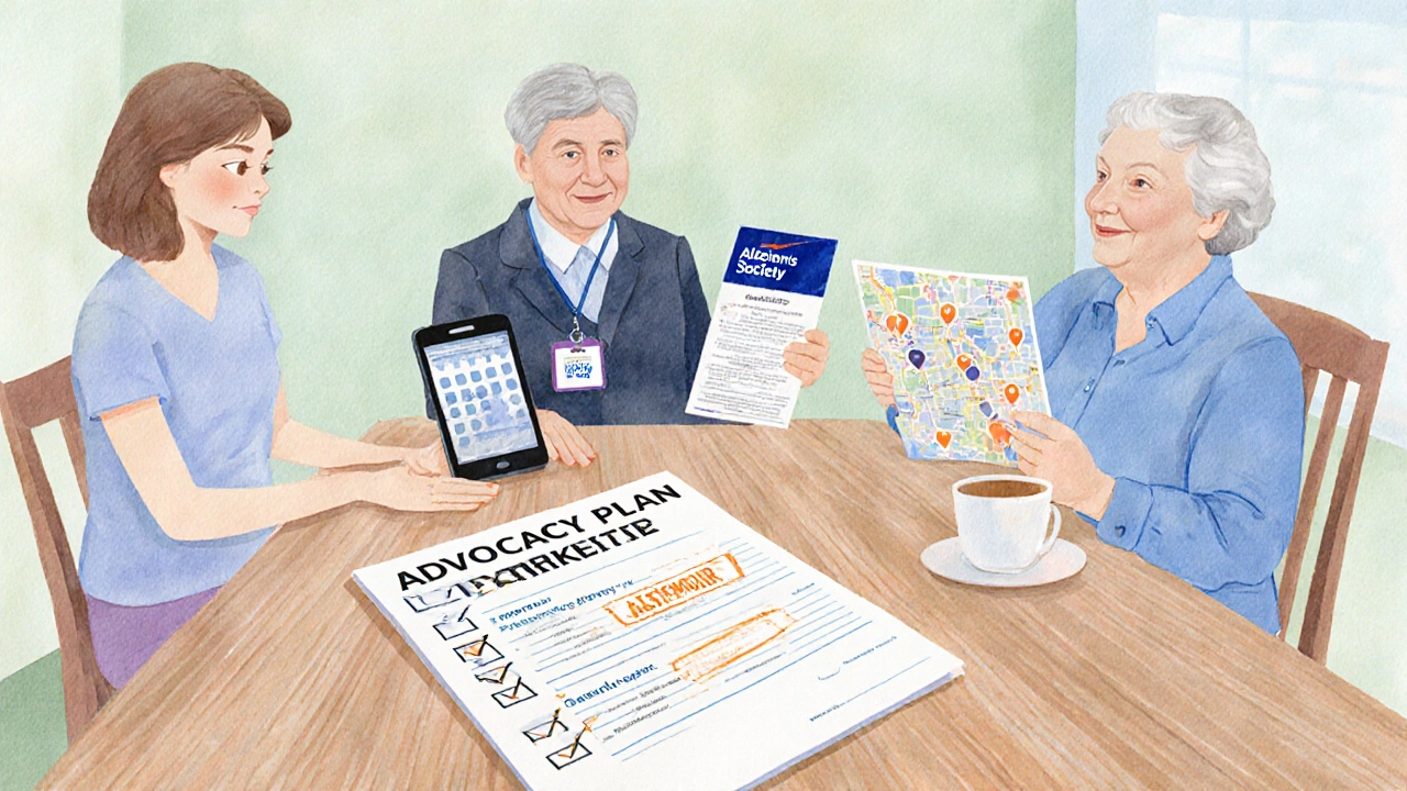 Kitchen table with advocacy checklist, legal forms, calendar, and map, surrounded by caregiver, advocate, and elderly person.