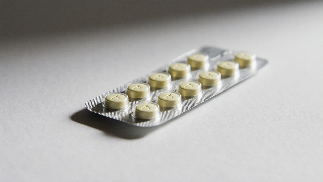 Macro view of a blister pack with generic quetiapine tablets on a white surface.