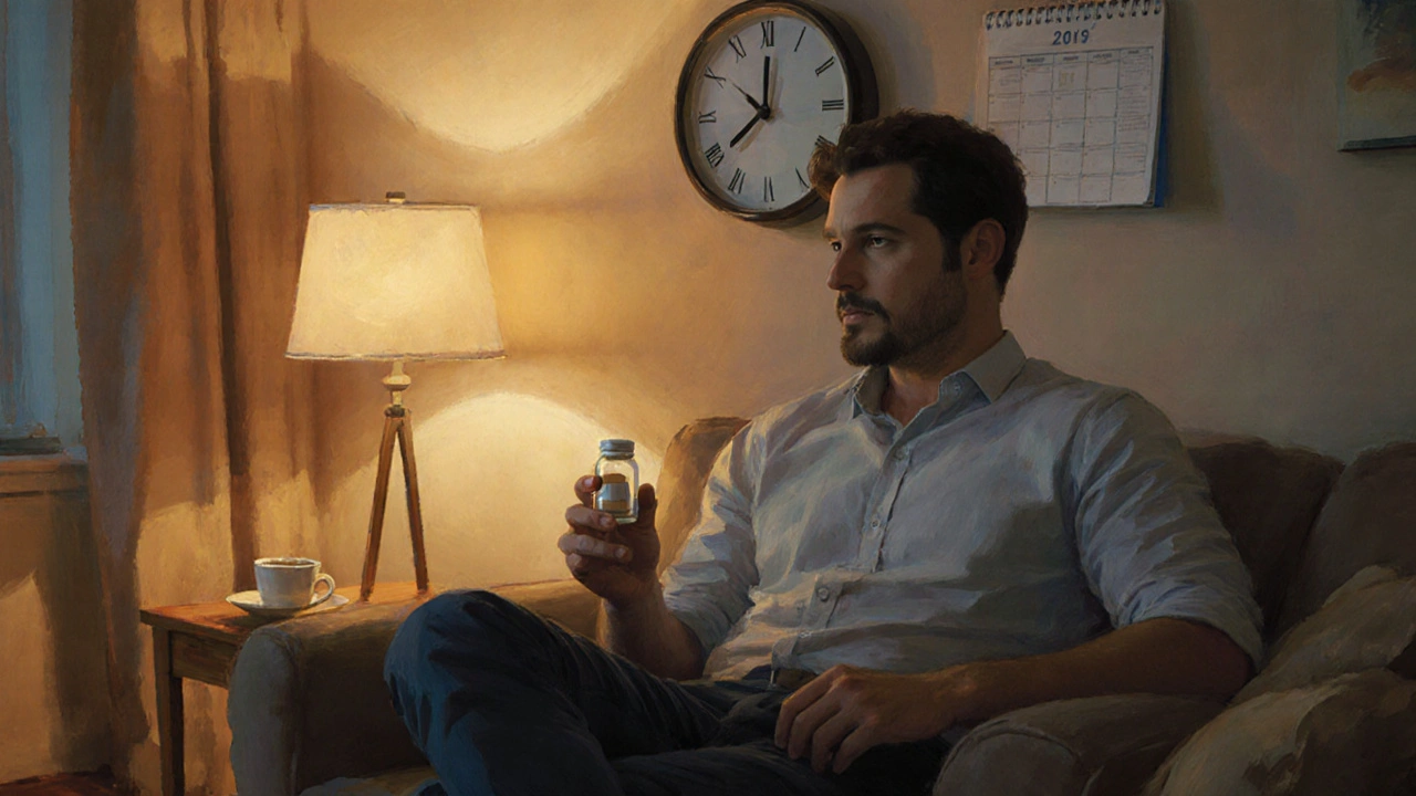 Man on a couch contemplating different ED pills with a clock and calendar in the background.