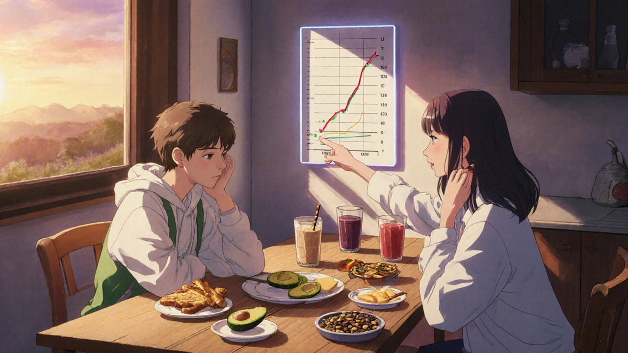 Mother and teen at kitchen table with healthy snacks and a growth chart lit by sunset light.