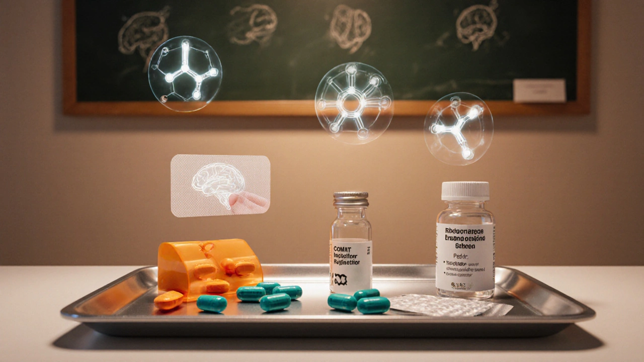 Neurologist&#039;s desk with assorted Parkinson&#039;s meds and floating molecular icons representing drug classes.