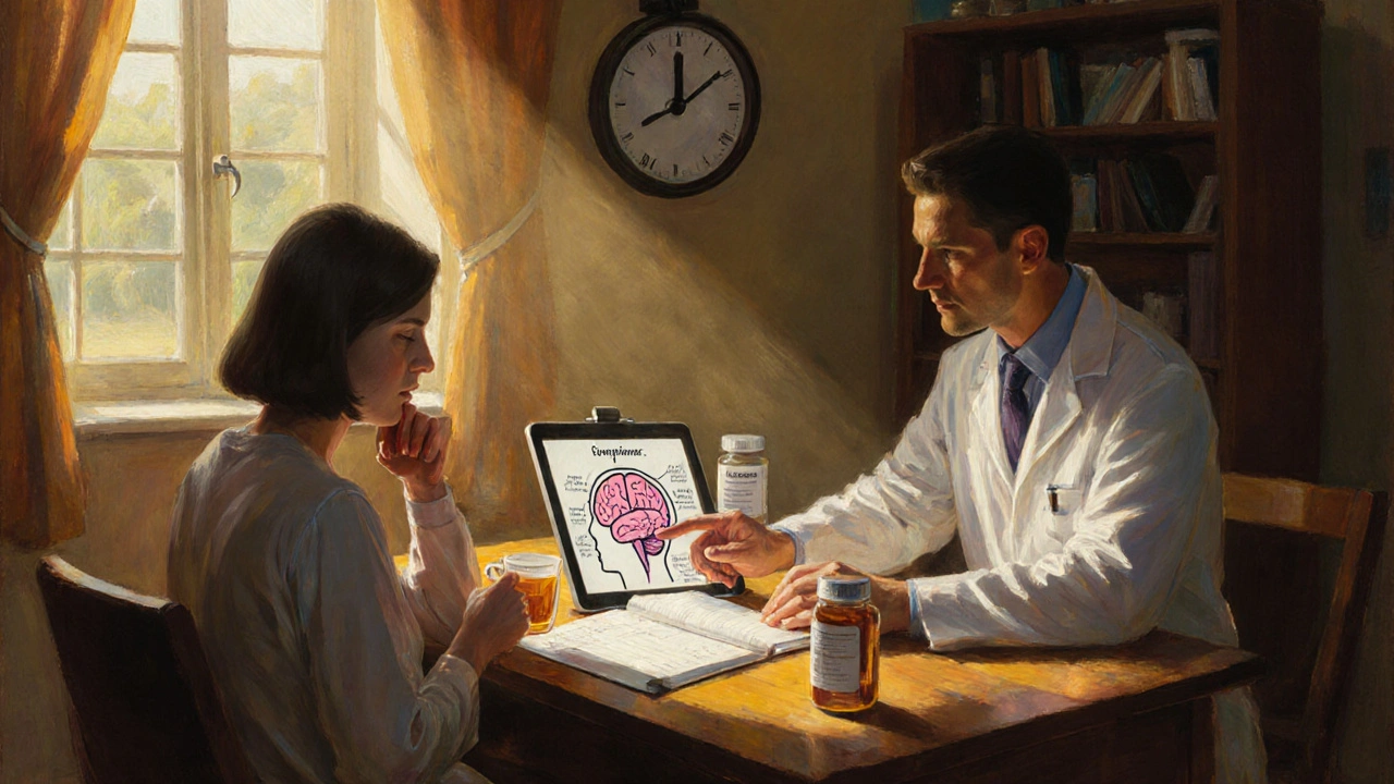 Patient and doctor discussing a symptom diary with a brain illustration in a warm, hopeful setting.