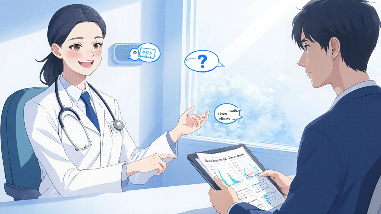 Patient and doctor reviewing lab results on a tablet in a bright exam room.