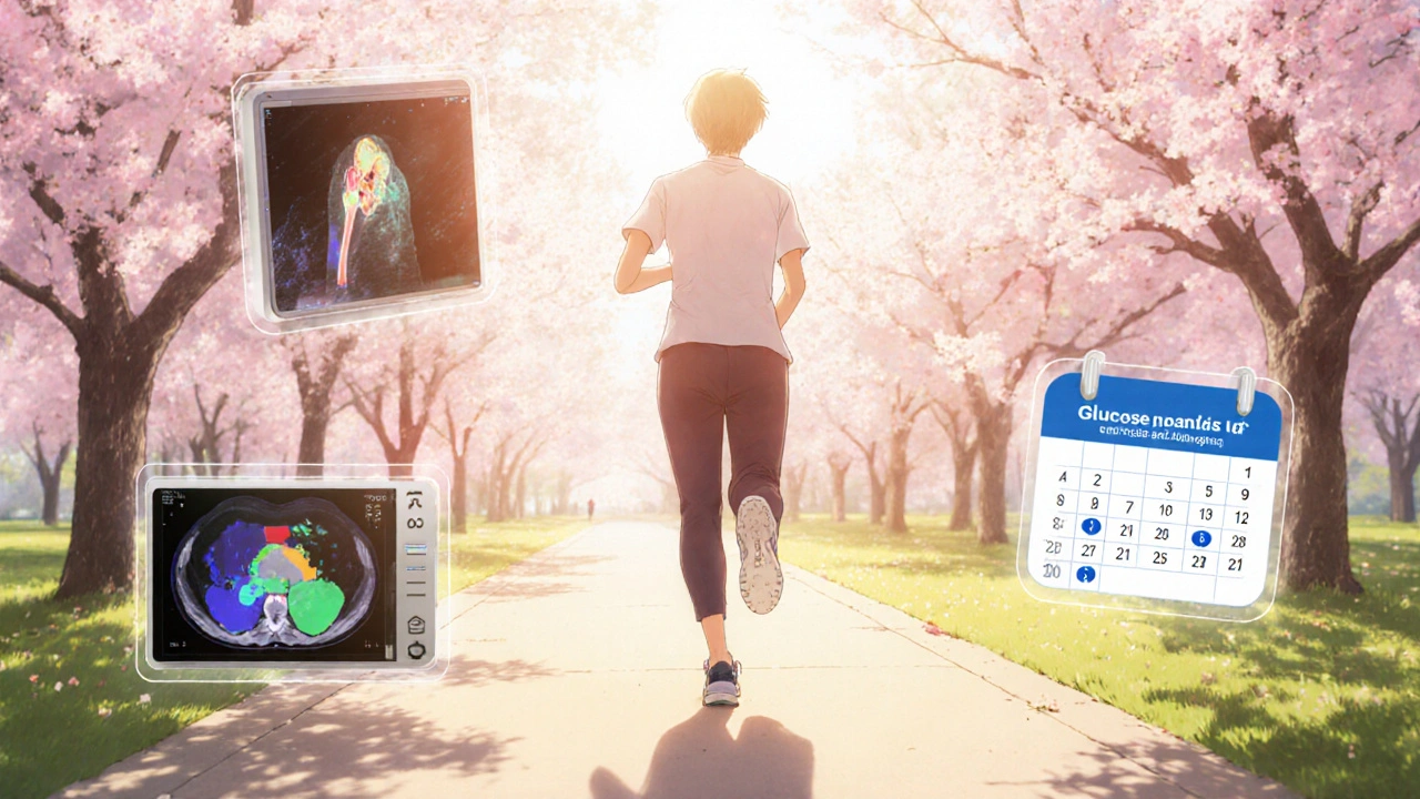 Patient exercising with bone density and glucose monitoring overlays.