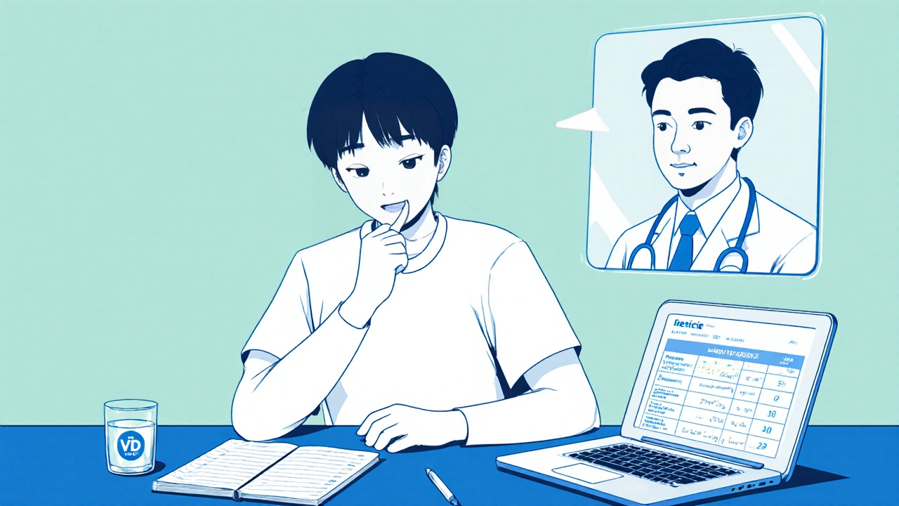 Patient logging symptoms beside supplements and lab results, doctor hologram offering guidance.
