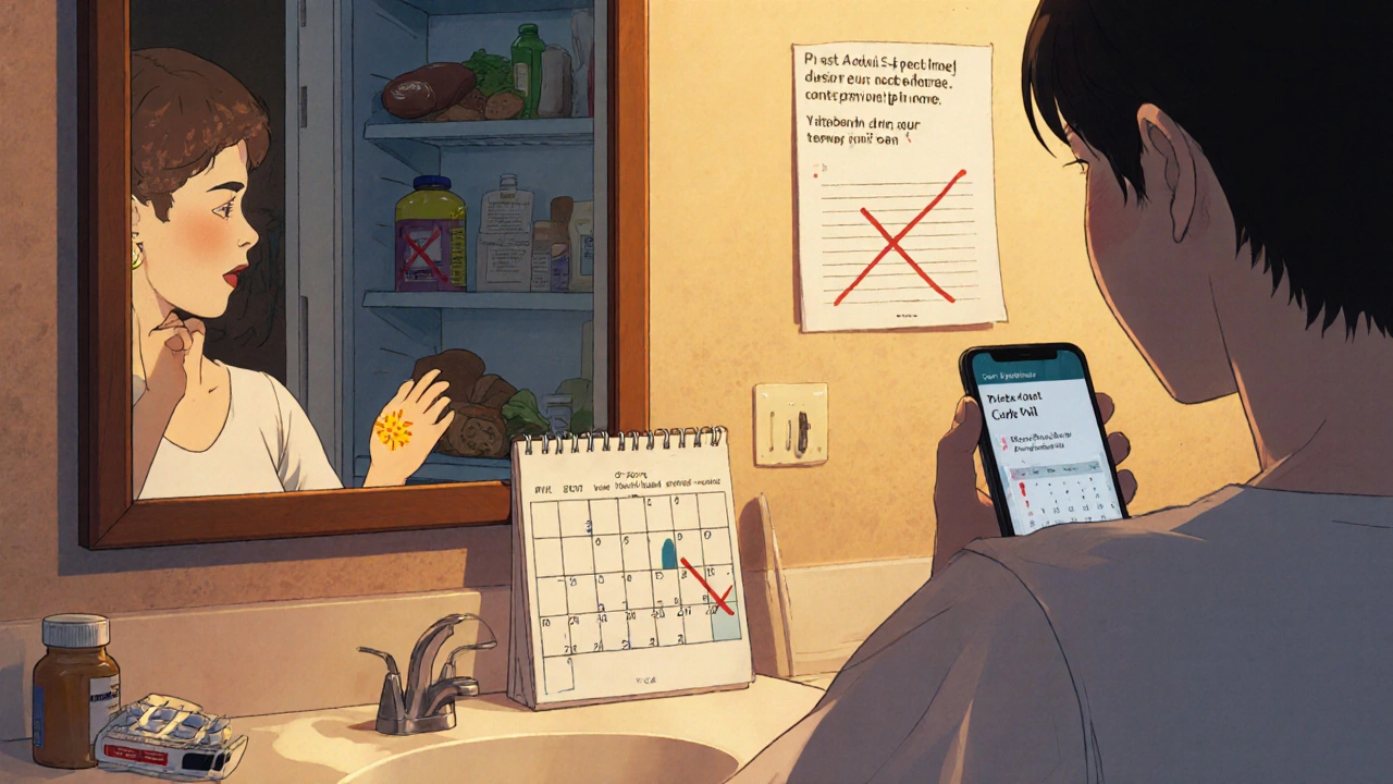 Person applying sunscreen, holding contraceptive pills, with a calendar marking a 3-year contraception timeline.