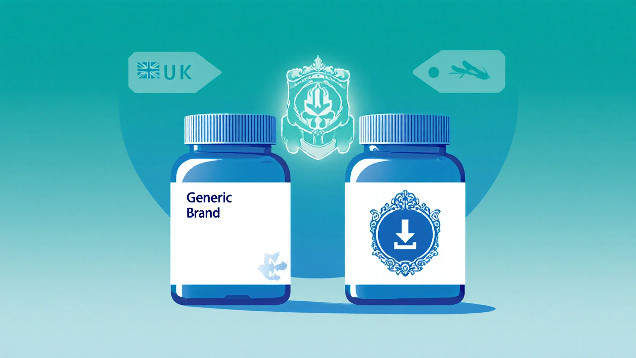 Side‑by‑side illustration of generic and brand tamoxifen pill bottles with cost icons.