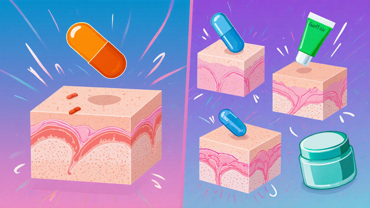Split illustration compares Isofair capsule with various acne treatments.