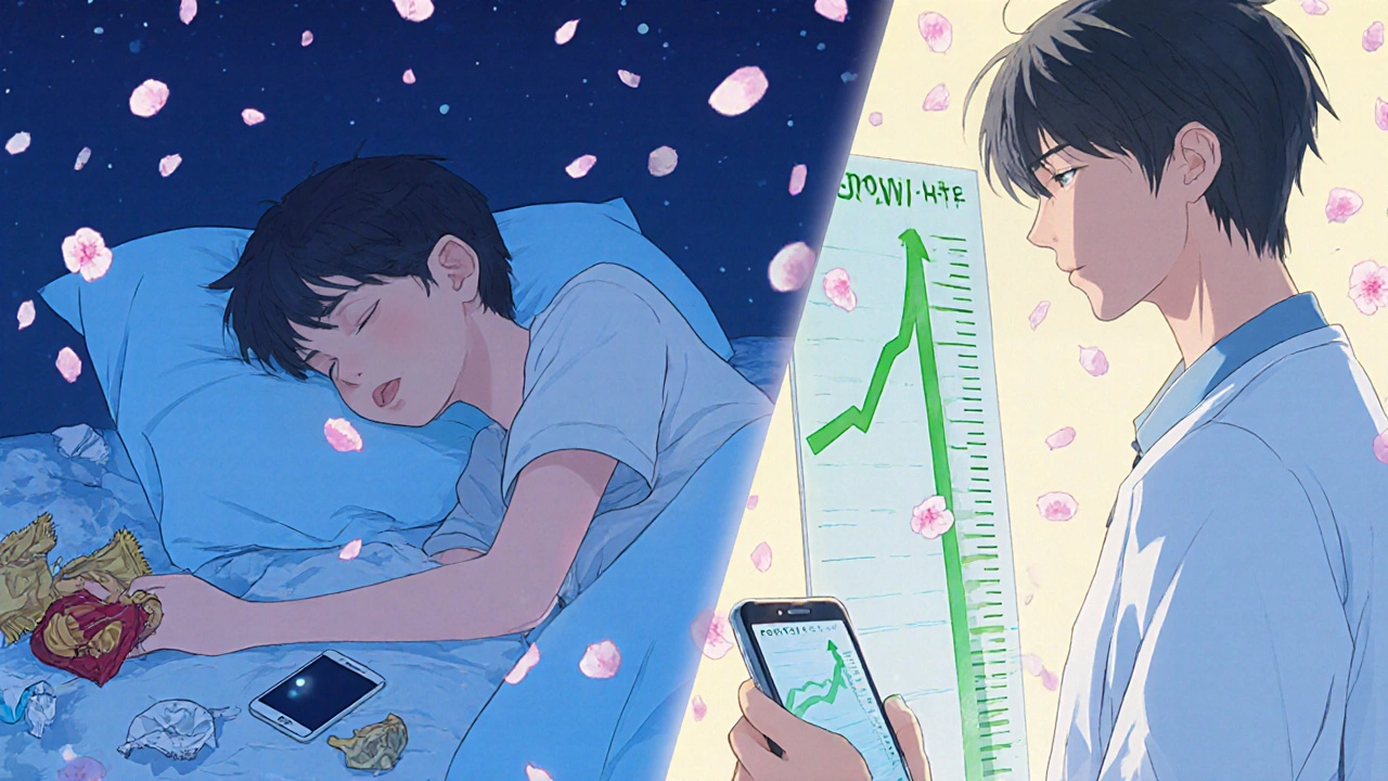 Split image: teen sleeping with snack wrappers, then taller and smiling beside doctor with growth chart.