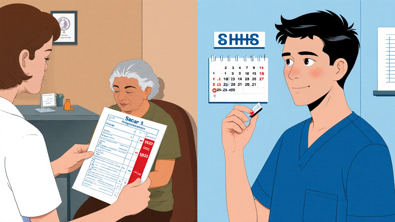 Split scene of Sarah with low blood count and Mark taking ticlopidine with weekly tests.