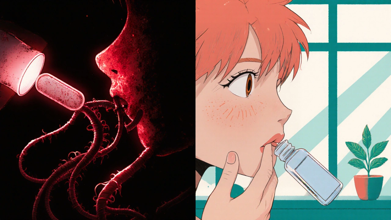 Split scene showing acne treatment with Minocin versus doxycycline and topical care under different lighting.