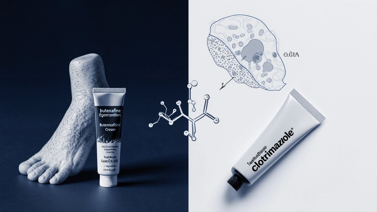 Split view showing athlete&#039;s foot with butenafine tube and vaginal candida with clotrimazole tube.