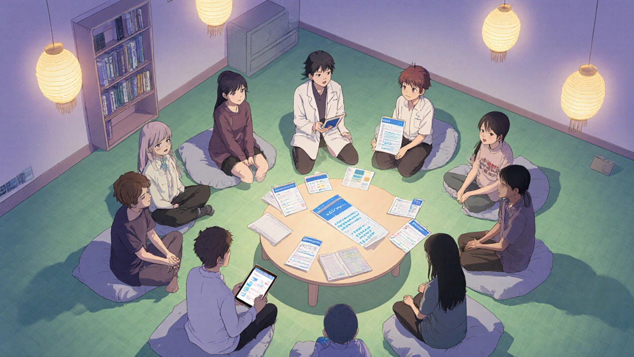 Support group members sit in a circle discussing medication diaries with a clinician.