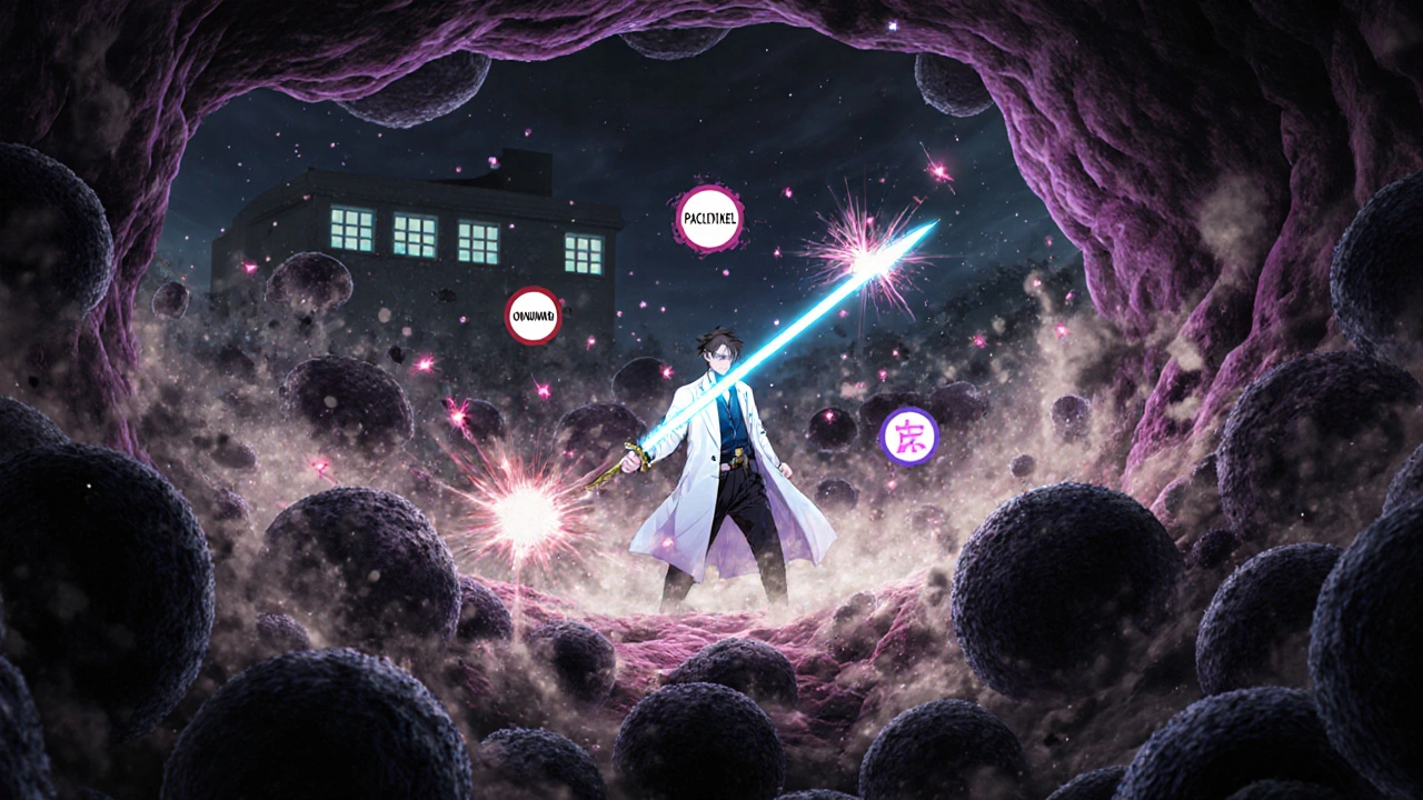 Surreal battle inside a tumor with everolimus warrior halting cancer cells