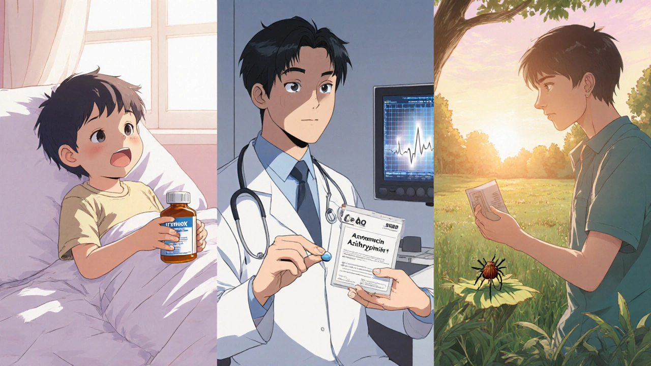 Three side‑by‑side scenes showing a child with ear infection, an adult receiving azithromycin, and a traveller taking doxycycline.