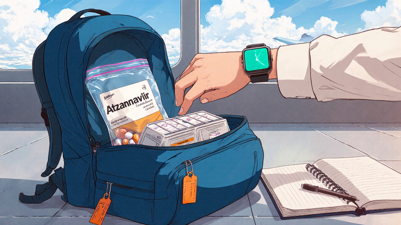 Traveler packs Atazanavir pills, organizer, and notebook in a backpack near an airplane window.
