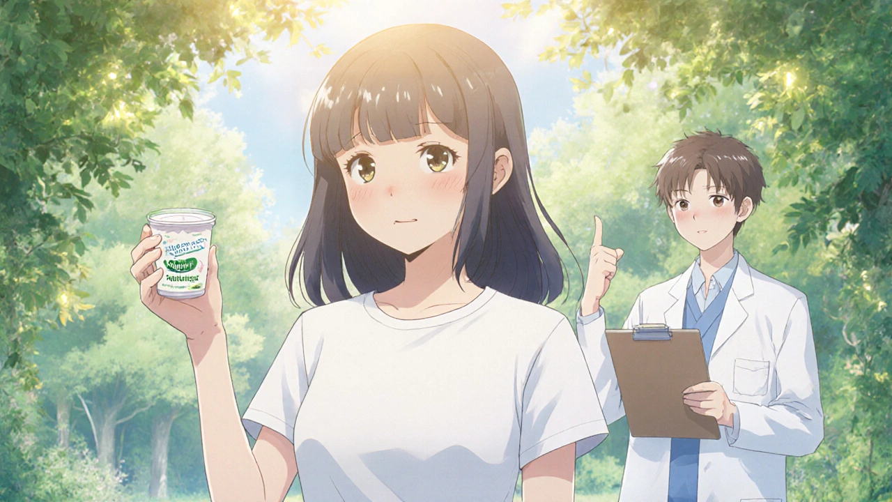 Woman in cotton underwear holds probiotic yogurt, smiling under sunny garden with doctor.