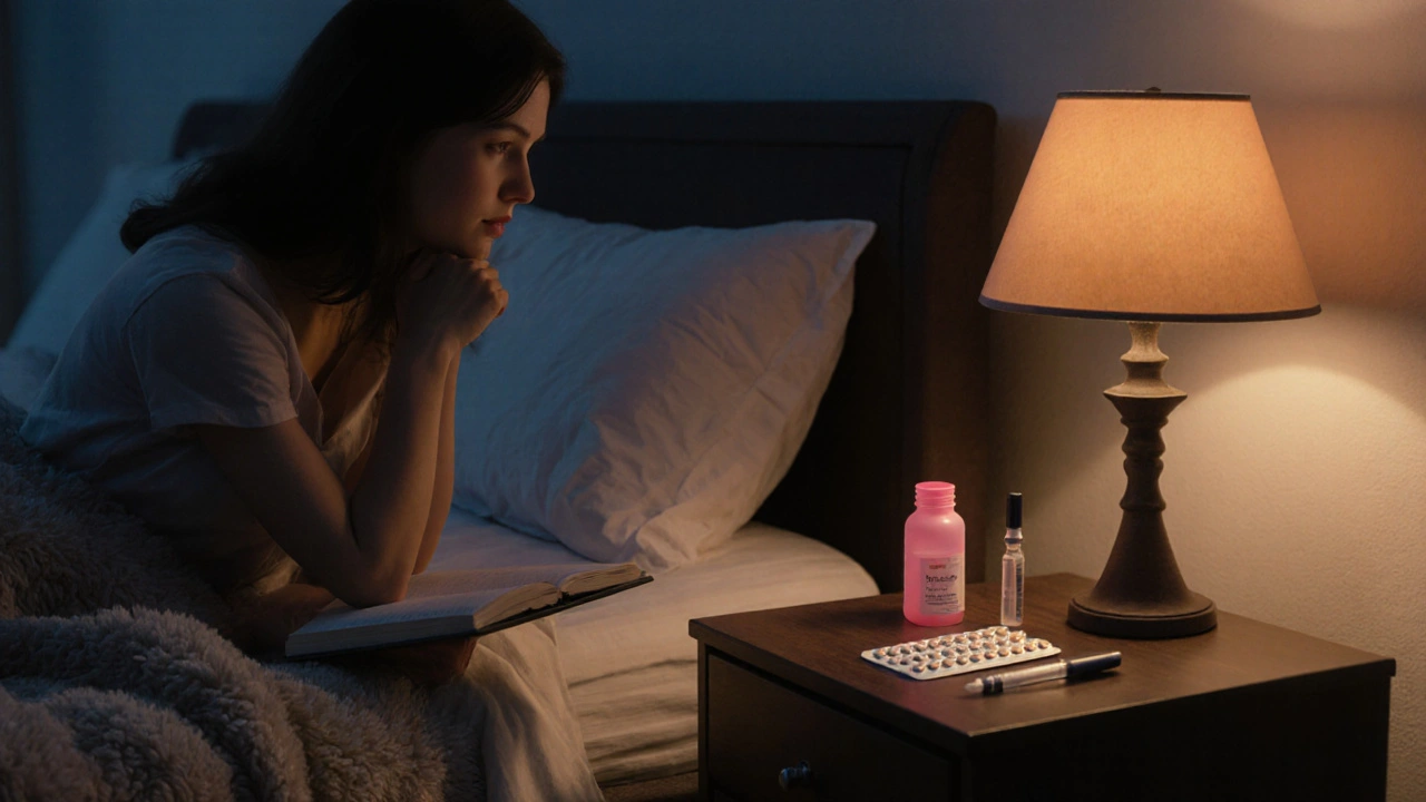 Woman on a bed at night, bedside table displaying a pill bottle, blister pack, and injector pen, candlelight glow.