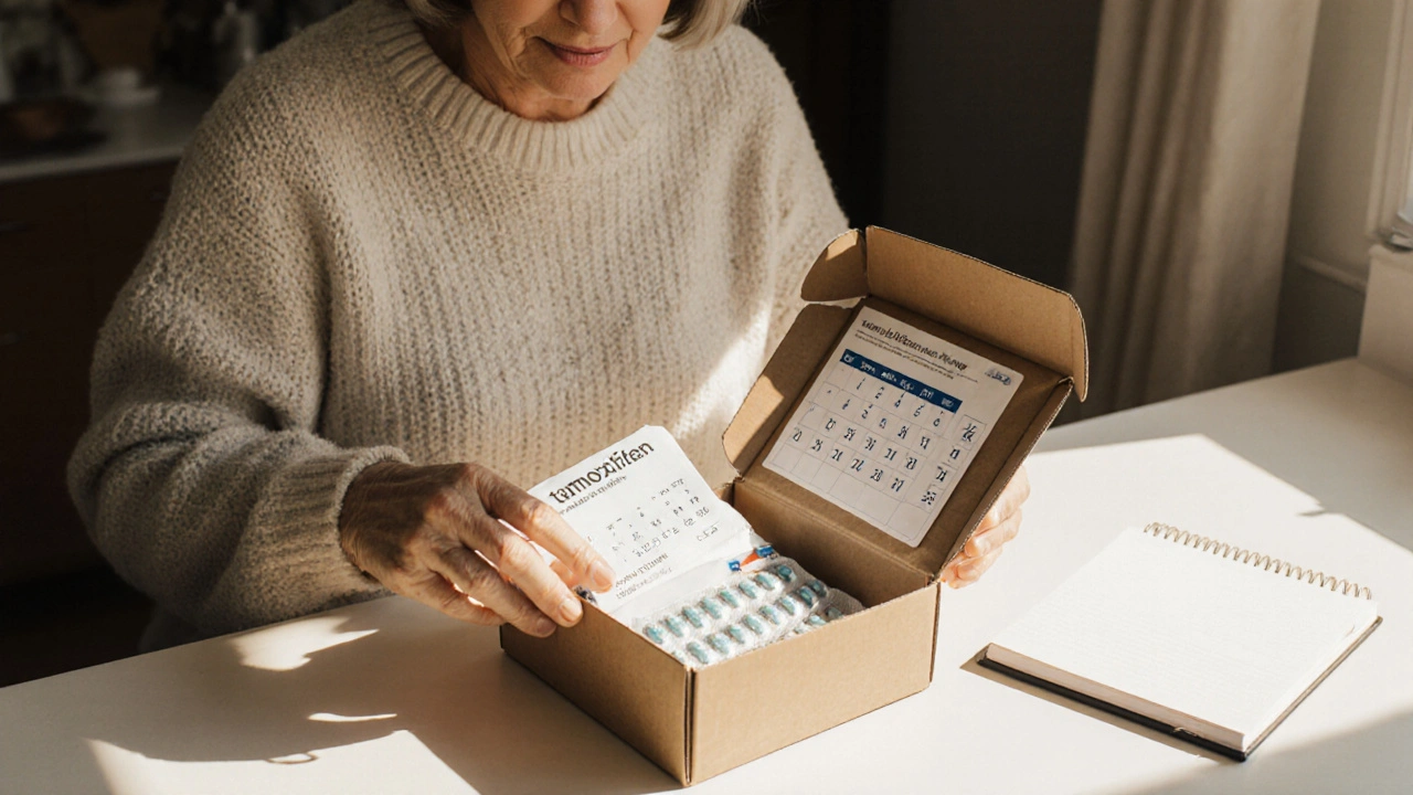 Woman opening a sealed delivery box, revealing tamoxifen pack and reminder notes.