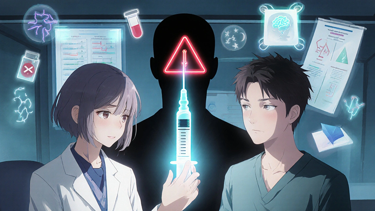 A doctor and patient in a clinic with a glowing injection symbolizing long-acting antipsychotic treatment.