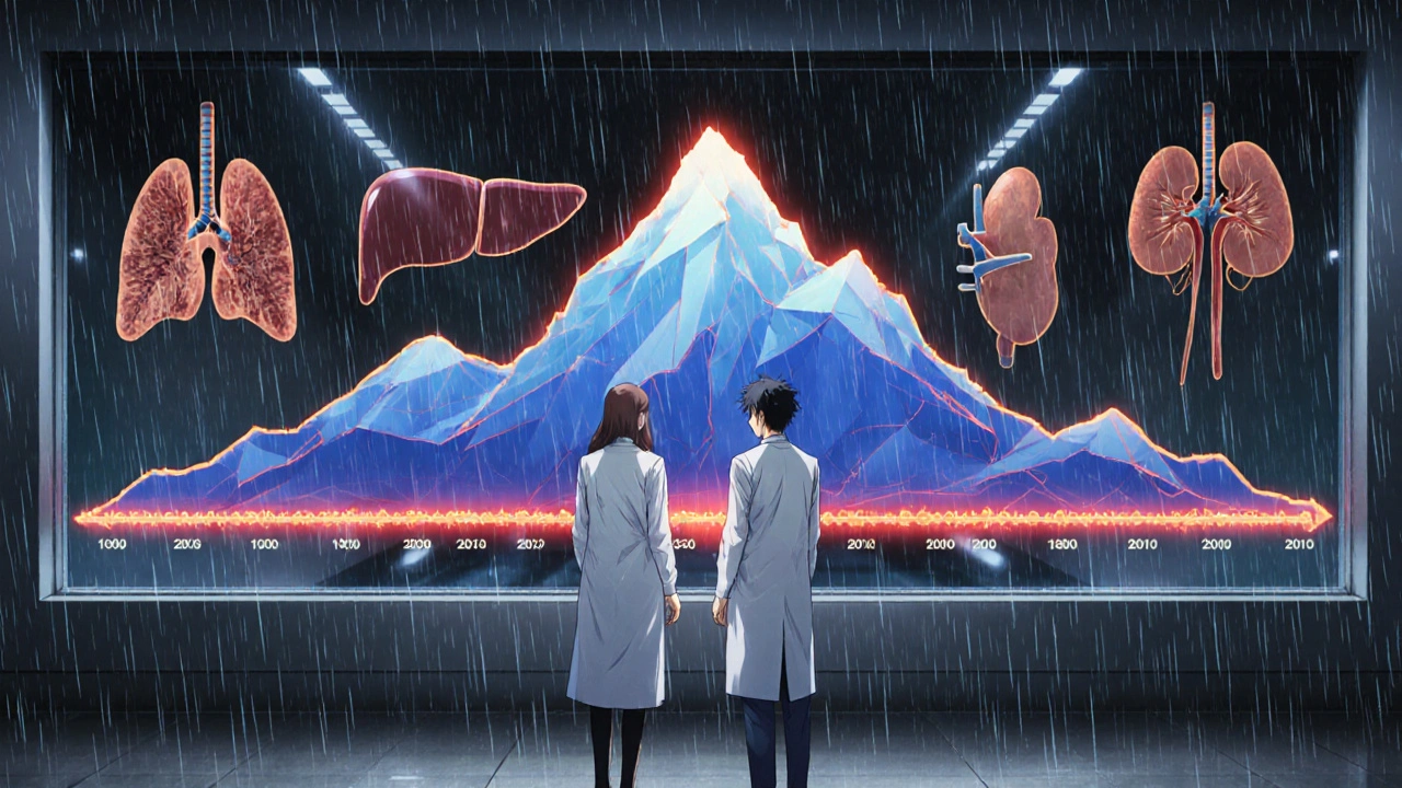 A doctor and patient viewing a hologram of rising drug doses, with damaged organs glowing behind them in a futuristic clinic.