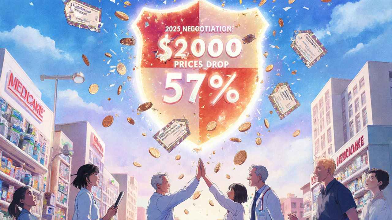 A giant Medicare negotiation shield lowers prices over a city, with coins raining down as people celebrate.