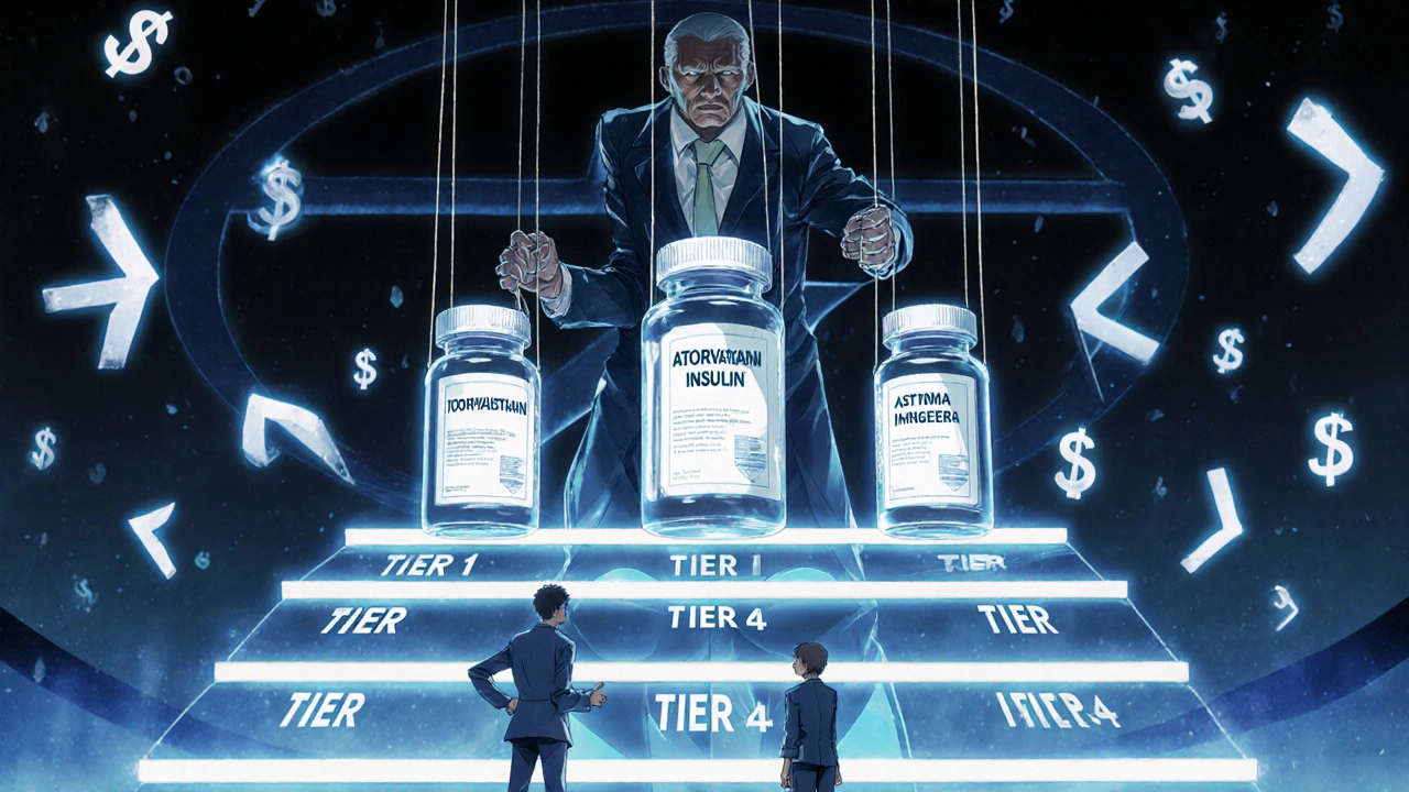 A giant PBM puppeteer controls drug bottles on tiered shelves with invisible strings.