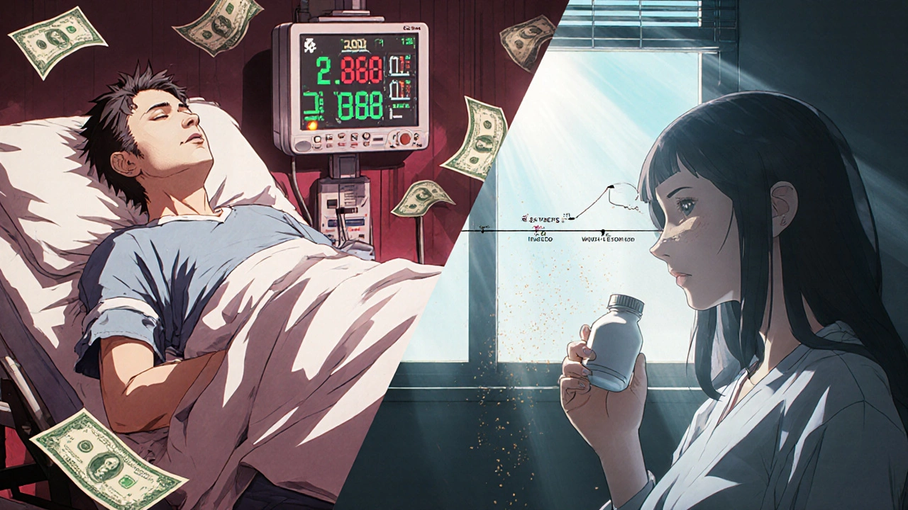 A patient in the ER versus at home taking a cheap generic pill, showing the impact of prior authorization delays.