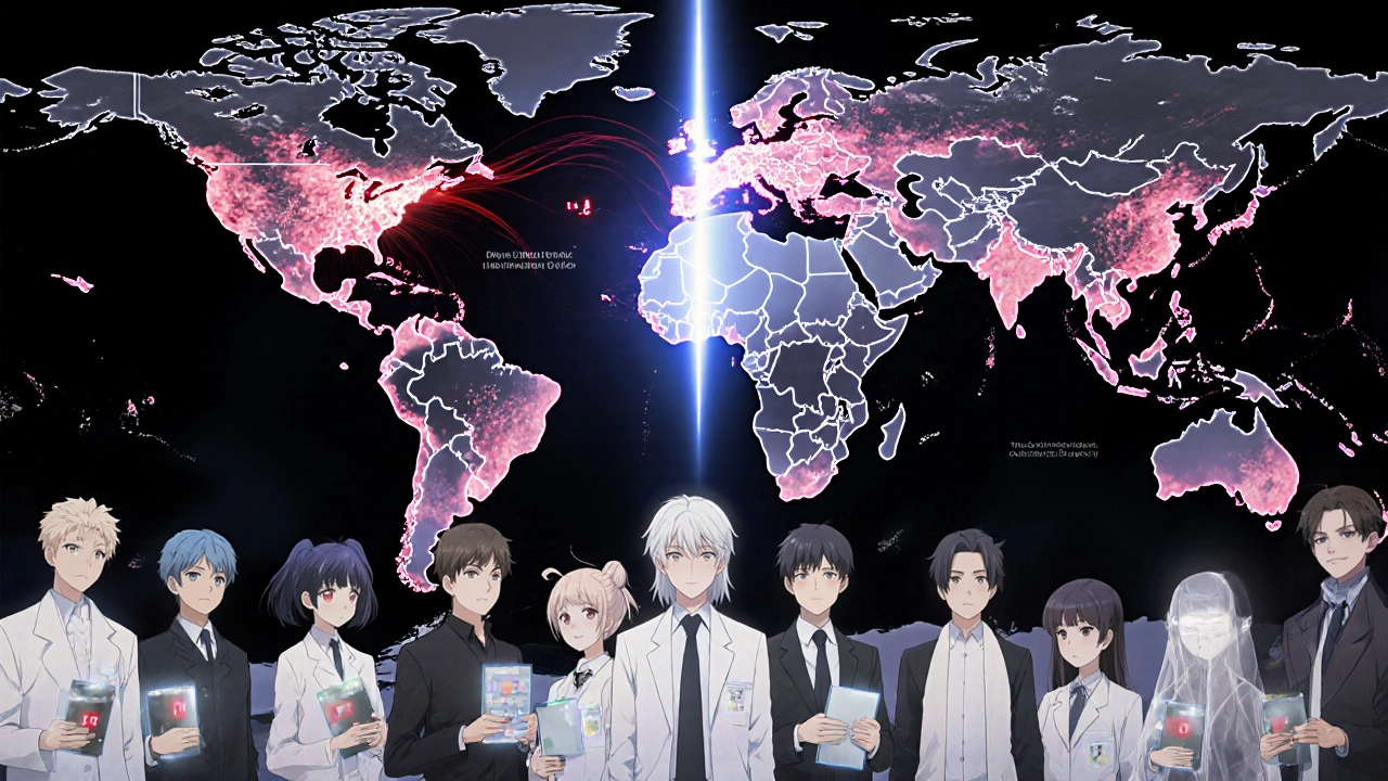 AI analyzing HIV genetic mutations while diverse patients stand protected by glowing shields.