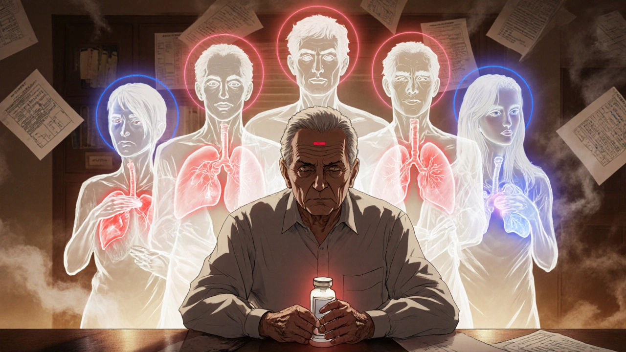 An elderly person holding a pill bottle, with ghostly past versions of themselves fading behind, surrounded by warning symbols.