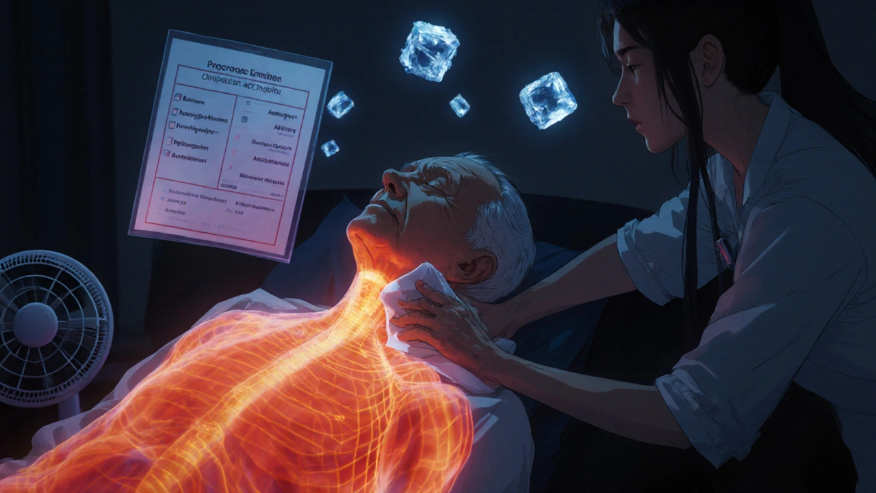 Caregiver applying cool cloth to senior, heat map radiating, fan with ice cubes in room.