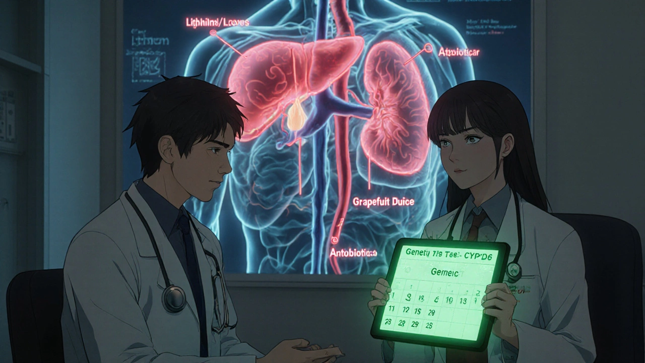 Doctor and patient with anatomical chart showing drug interactions and genetic test.