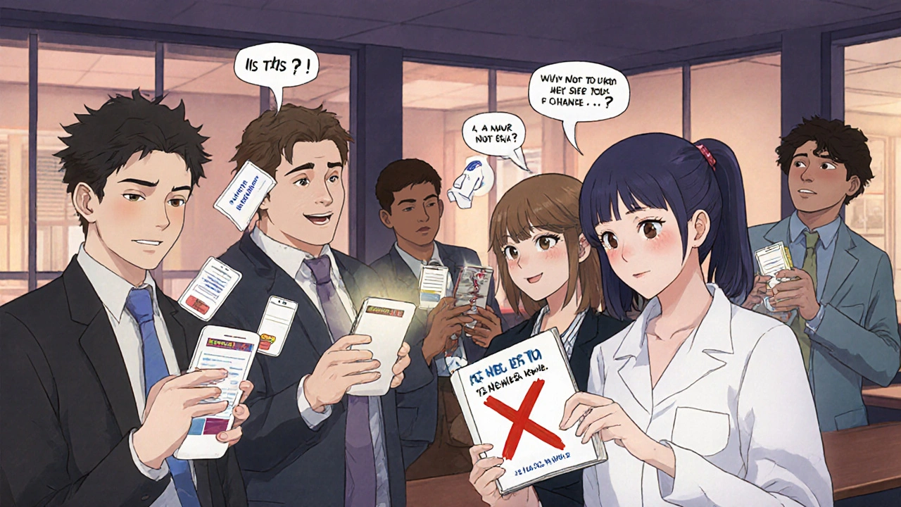 Employees check their formulary apps in an office, one sees a pill turn into a vacation ticket.